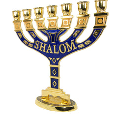 Менора из Израиля позолоченная с синей эмалью, 7 ветвей. Семисвечник еврейский 5''