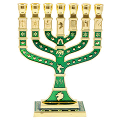Менора израильская позолоченная с зеленой эмалью, 7 ветвей. Семисвечник еврейский 4.5"