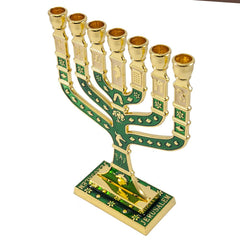 Менора израильская позолоченная с зеленой эмалью, 7 ветвей. Семисвечник еврейский 4.5
