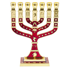 Менора израильская позолоченная с красной эмалью, 7 ветвей. Семисвечник еврейский 4.7
