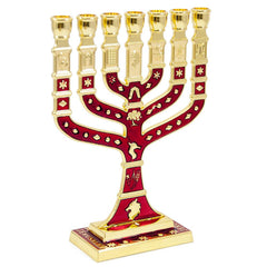 Менора израильская позолоченная с красной эмалью, 7 ветвей. Семисвечник еврейский 4.7"